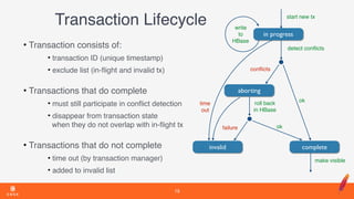 Transaction Lifecycle
19
in progress
start new tx
write
to
HBase
aborting
conﬂicts
invalid
failure
roll back
in HBase
ok
time
out
detect conﬂicts
ok
complete
make visible
• Transaction consists of:
• transaction ID (unique timestamp)
• exclude list (in-ﬂight and invalid tx) 
• Transactions that do complete
• must still participate in conﬂict detection
• disappear from transaction state 
when they do not overlap with in-ﬂight tx 
• Transactions that do not complete
• time out (by transaction manager)
• added to invalid list
 