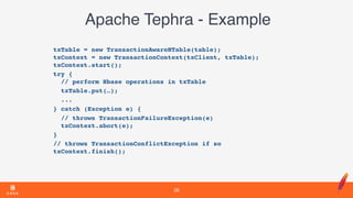 Apache Tephra - Example
txTable = new TransactionAwareHTable(table); 
txContext = new TransactionContext(txClient, txTable); 
txContext.start();
try { 
// perform Hbase operations in txTable
txTable.put(…);
...
} catch (Exception e) {
// throws TransactionFailureException(e) 
txContext.abort(e);
}
// throws TransactionConflictException if so 
txContext.finish();
26
 
