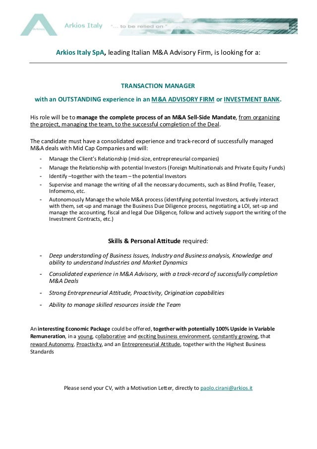 Transaction Manager With Outstanding Experience In An M A Advisory Fi