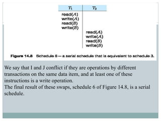 We say that I and J conflict if they are operations by different
transactions on the same data item, and at least one of these
instructions is a write operation.
The final result of these swaps, schedule 6 of Figure 14.8, is a serial
schedule.
 