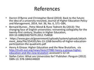 References 
• Darren O’Byrne and Christopher Bond (2014): Back to the future: 
the idea of a university revisited, Journal of Higher Education Policy 
and Management, 2014, Vol. 36, No. 6, 571–584, 
• Bernard Burnes , Petra Wend & Rune Todnem By (2013): The 
changing face of English universities: reinventing collegiality for the 
twenty-first century, Studies in Higher Education, 
DOI:10.1080/03075079.2012.754858 
• https://www.gov.uk/government/uploads/system/uploads/attach 
ment_data/file/254101/bis-13-1268-benefits-of-higher-education-participation- 
the-quadrants.pdf 
• Henry A Giroux: Higher Education and the New Brutalism, via 
http://truth-out.org/news/item/27082-henry-a-giroux-higher-education- 
and-the-new-brutalism accessed 5-12-14 
• Stefan Colini: What are Universities for? Publisher: Penguin (2012) 
ISBN-13: 978-1846144820 
 