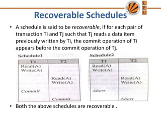 Recoverable Schedules
• A schedule is said to be recoverable, if for each pair of
transaction Ti and Tj such that Tj reads a data item
previously written by Ti, the commit operation of Ti
appears before the commit operation of Tj.
• Both the above schedules are recoverable .
 