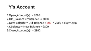 Y's Account
1.Open_Account(Y) = 2000
2.Old_Balance = Y.balance = 2000
3.New_Balance = Old_Balance + 800 = 2000 + 800 = 2800
4.Y.balance = New_Balance = 2800
5.Close_Account(Y) = 2800
 