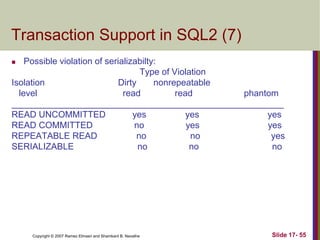 Copyright © 2007 Ramez Elmasri and Shamkant B. Navathe Slide 17- 55
Transaction Support in SQL2 (7)
 Possible violation of serializabilty:
Type of Violation
Isolation Dirty nonrepeatable
level read read phantom
_______________________________________________________
READ UNCOMMITTED yes yes yes
READ COMMITTED no yes yes
REPEATABLE READ no no yes
SERIALIZABLE no no no
 