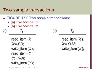 Copyright © 2007 Ramez Elmasri and Shamkant B. Navathe Slide 17- 9
Two sample transactions
 FIGURE 17.2 Two sample transactions:
 (a) Transaction T1
 (b) Transaction T2
 