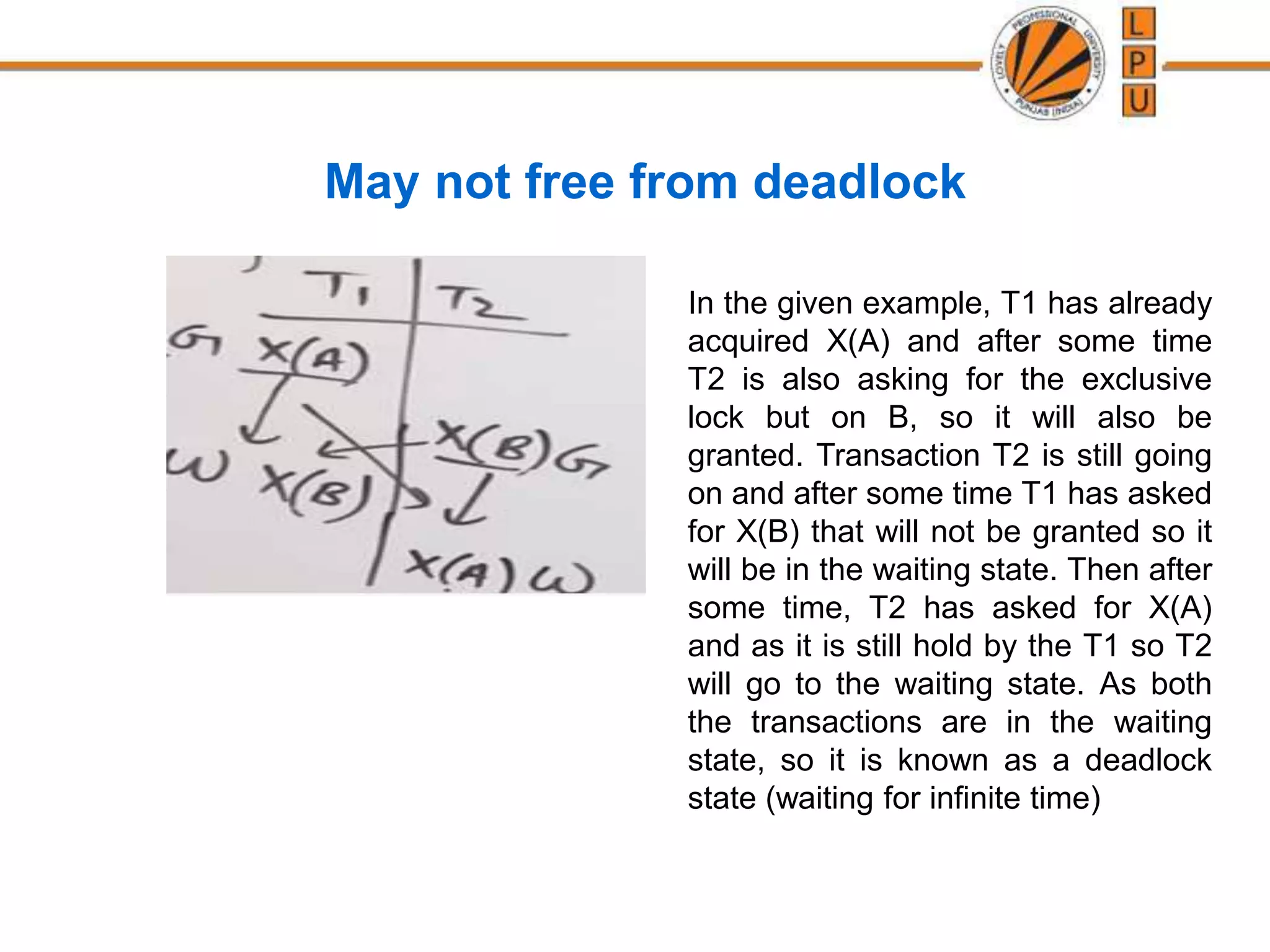May not free from deadlock
In the given example, T1 has already
acquired X(A) and after some time
T2 is also asking for the exclusive
lock but on B, so it will also be
granted. Transaction T2 is still going
on and after some time T1 has asked
for X(B) that will not be granted so it
will be in the waiting state. Then after
some time, T2 has asked for X(A)
and as it is still hold by the T1 so T2
will go to the waiting state. As both
the transactions are in the waiting
state, so it is known as a deadlock
state (waiting for infinite time)
 