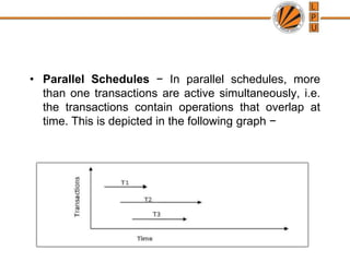 • Parallel Schedules − In parallel schedules, more
than one transactions are active simultaneously, i.e.
the transactions contain operations that overlap at
time. This is depicted in the following graph −
 