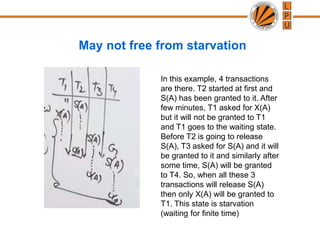 May not free from starvation
In this example, 4 transactions
are there. T2 started at first and
S(A) has been granted to it. After
few minutes, T1 asked for X(A)
but it will not be granted to T1
and T1 goes to the waiting state.
Before T2 is going to release
S(A), T3 asked for S(A) and it will
be granted to it and similarly after
some time, S(A) will be granted
to T4. So, when all these 3
transactions will release S(A)
then only X(A) will be granted to
T1. This state is starvation
(waiting for finite time)
 