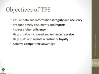 Objectives of TPS
MIS,UniversityofEducation,OkaraCampus
10
• Ensure data and information integrity and accuracy
• Produce timely documents and reports
• Increase labor efficiency
• Help provide increased and enhanced service
• Help build and maintain customer loyalty
• Achieve competitive advantage
 