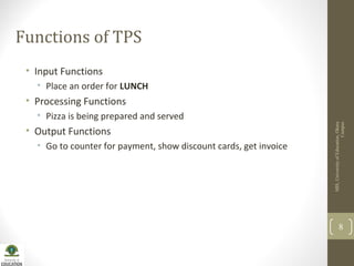 MIS,UniversityofEducation,Okara
Campus
8
Functions of TPS
• Input Functions
• Place an order for LUNCH
• Processing Functions
• Pizza is being prepared and served
• Output Functions
• Go to counter for payment, show discount cards, get invoice
 