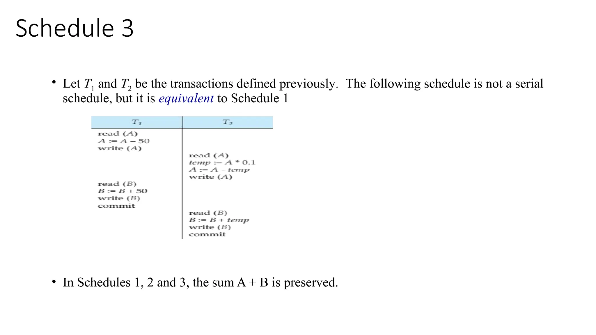 • Let T1 and T2 be the transactions defined previously. The following schedule is not a serial
schedule, but it is equivalent to Schedule 1
• In Schedules 1, 2 and 3, the sum A + B is preserved.
Schedule 3
 