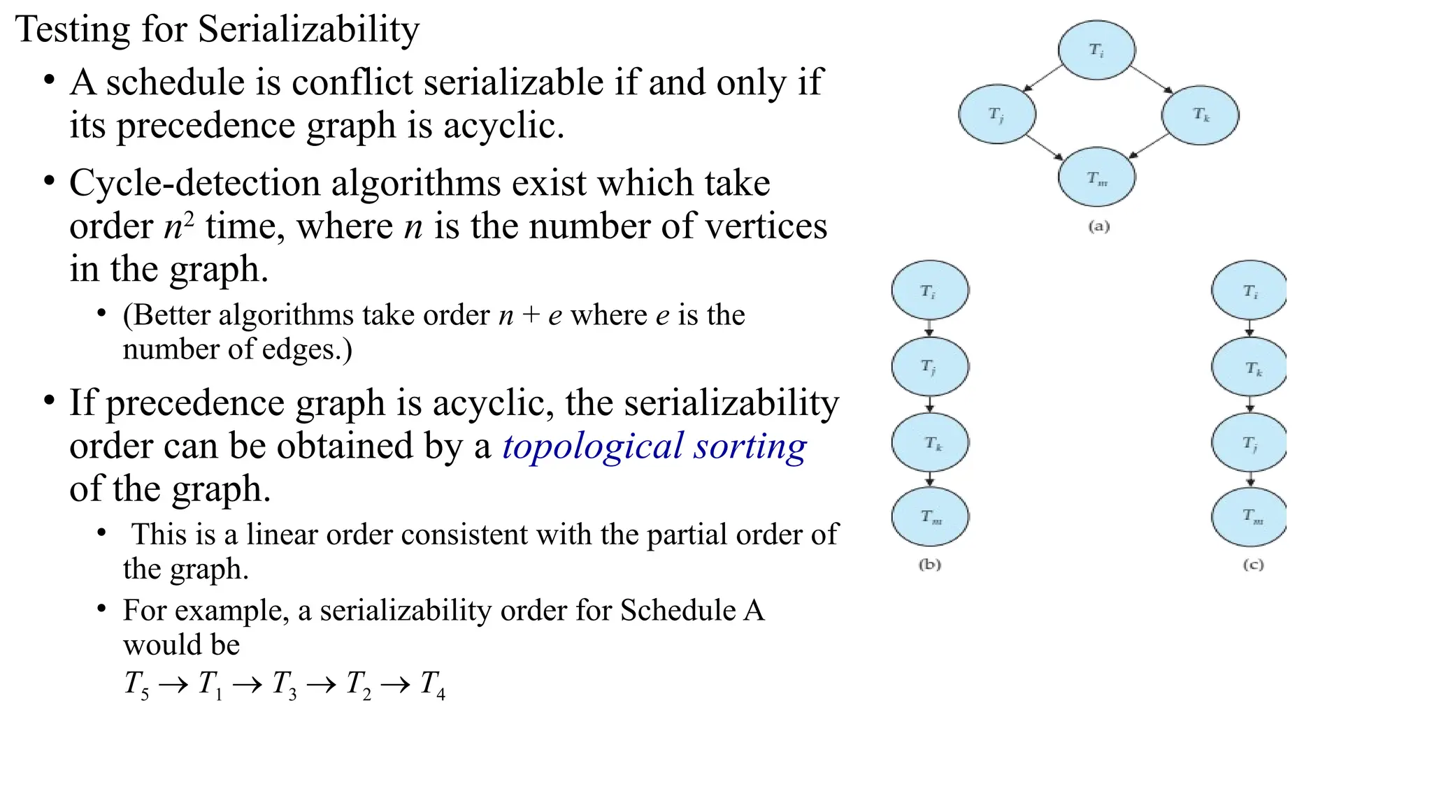 • A schedule is conflict serializable if and only if
its precedence graph is acyclic.
• Cycle-detection algorithms exist which take
order n2
time, where n is the number of vertices
in the graph.
• (Better algorithms take order n + e where e is the
number of edges.)
• If precedence graph is acyclic, the serializability
order can be obtained by a topological sorting
of the graph.
• This is a linear order consistent with the partial order of
the graph.
• For example, a serializability order for Schedule A
would be
T5  T1  T3  T2  T4
Testing for Serializability
 