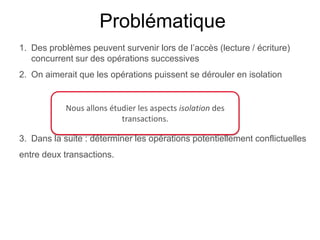 Problématique
1. Des problèmes peuvent survenir lors de l’accès (lecture / écriture)
concurrent sur des opérations successives
2. On aimerait que les opérations puissent se dérouler en isolation
3. Dans la suite : déterminer les opérations potentiellement conflictuelles
entre deux transactions.
Nous allons étudier les aspects isolation des
transactions.
 