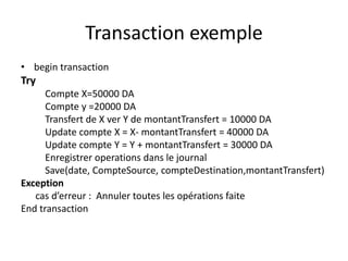 Transaction exemple
• begin transaction
Try
Compte X=50000 DA
Compte y =20000 DA
Transfert de X ver Y de montantTransfert = 10000 DA
Update compte X = X- montantTransfert = 40000 DA
Update compte Y = Y + montantTransfert = 30000 DA
Enregistrer operations dans le journal
Save(date, CompteSource, compteDestination,montantTransfert)
Exception
cas d’erreur : Annuler toutes les opérations faite
End transaction
 