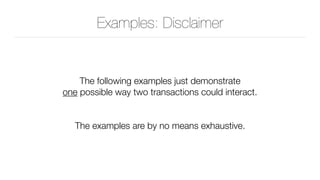 Examples: Disclaimer
The following examples just demonstrate 
one possible way two transactions could interact.
The examples are by no means exhaustive.
 
