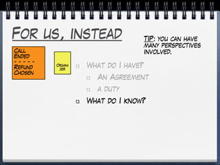For us, instead
What do I have?
An Agreement
a duty
What do I know?
Call
Ended
- - - - -
Refund
Chosen
Organi
zer
TIP: you can have
many perspectives
involved.
 