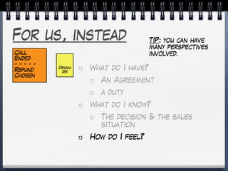 For us, instead
What do I have?
An Agreement
a duty
What do I know?
The decision & the sales
situation
How do I feel?
Call
Ended
- - - - -
Refund
Chosen
Organi
zer
TIP: you can have
many perspectives
involved.
 