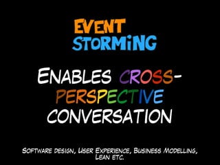Enables cross-
perspective
conversation
Software design, User Experience, Business Modelling,
Lean etc.
 