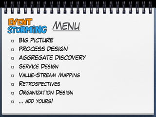 Menu
BIG PICTURE
PROCESS DESIGN
AGGREGATE DISCOVERY
Service Design
Value-Stream Mapping
Retrospectives
Organization Design
… add yours!
 