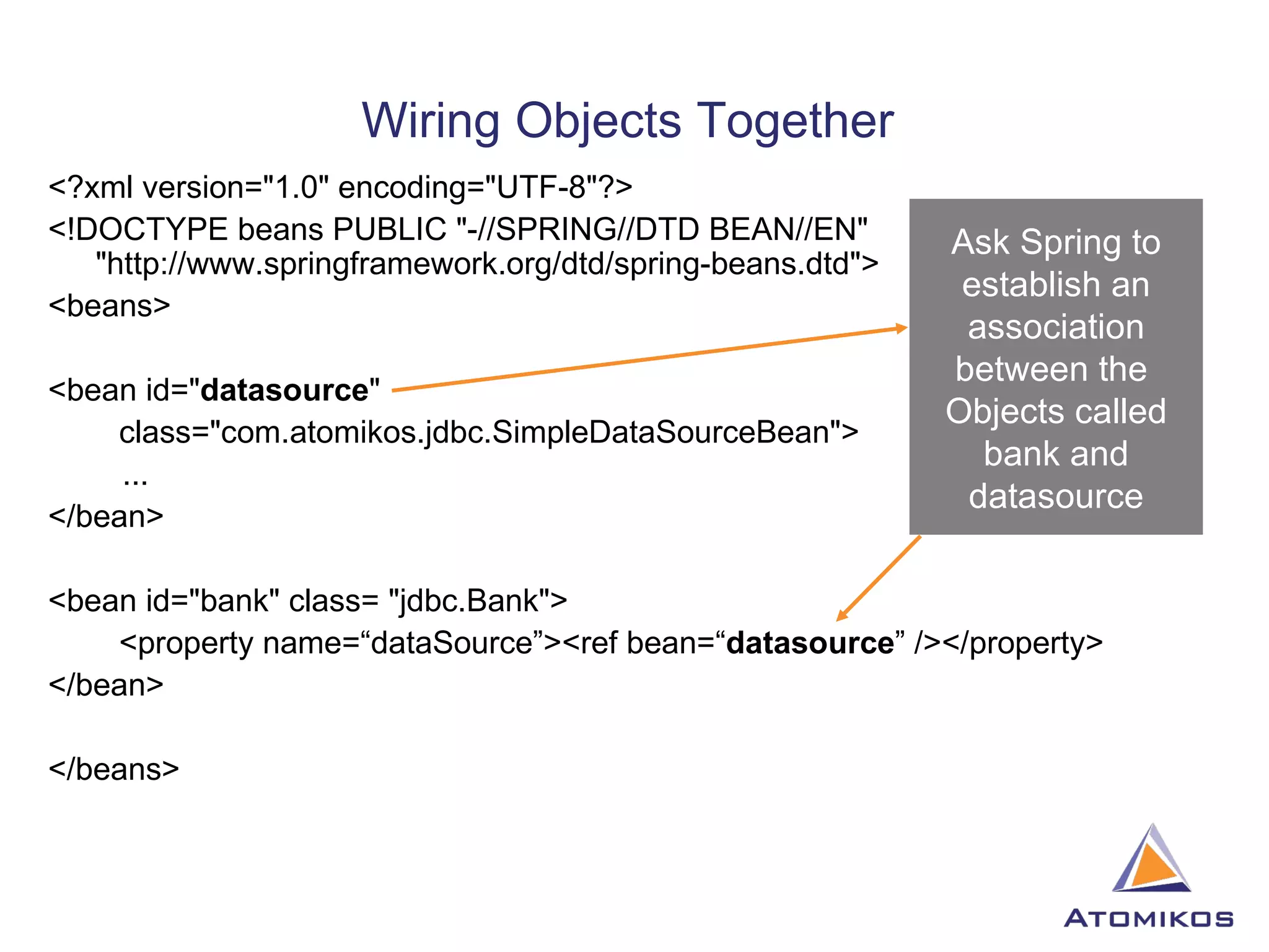 Wiring Objects Together  <?xml version=&quot;1.0&quot; encoding=&quot;UTF-8&quot;?> <!DOCTYPE beans PUBLIC &quot;-//SPRING//DTD BEAN//EN&quot; &quot;http://www.springframework.org/dtd/spring-beans.dtd&quot;> <beans> <bean id=&quot; datasource &quot; class=&quot;com.atomikos.jdbc.SimpleDataSourceBean&quot;>   ... </bean> <bean id=&quot;bank&quot; class= &quot;jdbc.Bank&quot;> <property name=“dataSource”><ref bean=“ datasource ” /></property> </bean> </beans> Ask Spring to establish an association between the  Objects called bank and datasource 
