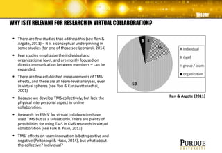  There are few studies that address this (see Ren &
Argote, 2011) – it is a conceptual underpinning in
some studies (for one of those see Leonardi, 2014)
 Few studies emphasize the individual and
organizational level, and are mostly focused on
direct communication between members – can be
expanded.
 There are few established measurements of TMS
effects, and these are all team-level analyses, even
in virtual spheres (see Yoo & Kanawattanachai,
2001)
 Because we develop TMS collectively, but lack the
physical interpersonal aspect in online
collaboration.
 Research on ESNS’ for virtual collaboration have
used TMS but as a subset only. There are plenty of
possibilities for using TMS in KMS research in virtual
collaboration (see Fulk & Yuan, 2013)
 TMS’ effects on team innovation is both positive and
negative (Peltokorpi & Hasu, 2014), but what about
the collective? Individual?
WHY IS IT RELEVANT FOR RESEARCH IN VIRTUAL COLLABORATION?
THEORY
Ren & Argote (2011)
 