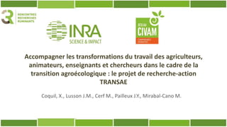 Accompagner les transformations du travail des agriculteurs,
animateurs, enseignants et chercheurs dans le cadre de la
transition agroécologique : le projet de recherche-action
TRANSAE
Coquil, X., Lusson J.M., Cerf M., Pailleux J.Y., Mirabal-Cano M.
 