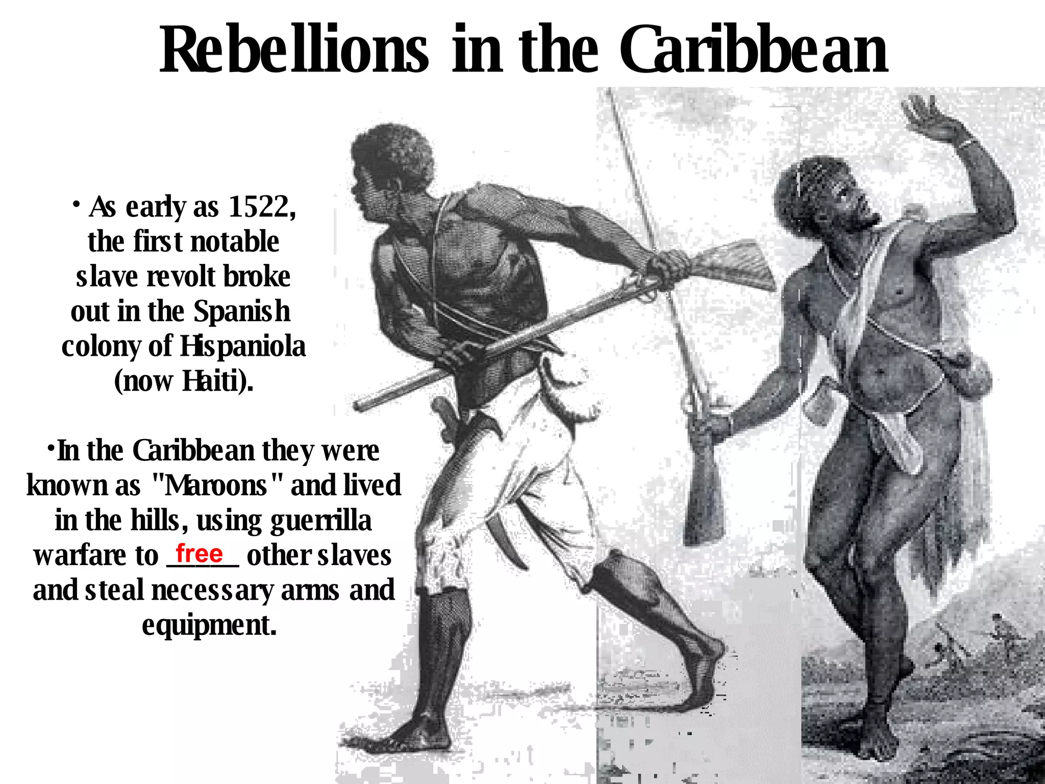 Rebellions in the Caribbean In the Caribbean they were known as "Maroons" and lived in the hills, using guerrilla warfare to _____ other slaves and steal necessary arms and equipment.  free As early as 1522, the first notable slave revolt broke out in the Spanish  colony of Hispaniola (now Haiti). 