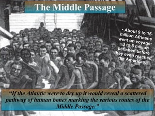 The Middle Passage “ If the Atlantic were to dry up it would reveal a scattered pathway of human bones marking the various routes of the Middle Passage.” About 9 to 15 million Africans went on voyage: 3 to 5 million perished before they even reached the Americas. 