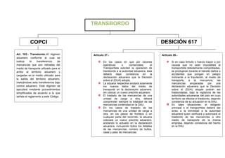 TRANSBORDO


           COPCI                                                                            DESICIÓN 617

Art. 163.- Transbordo.-El régimen       Artículo 27.-                                       Artículo 28.-
aduanero conforme al cual se
realiza    la   transferencia     de            En los casos en que por razones                     Si en caso fortuito o fuerza mayor o por
mercancías que son retiradas del                operativas      o     comerciales,     el           causas que no sean imputables al
medio de transporte utilizado para el           Transportista soliciten la operación de             transportista debidamente comprobadas,
arribo al territorio aduanero y                 transbordo a la autoridad aduanera, ésta            se produjeran durante el tránsito daños o
cargadas en el medio utilizado para             deberá     dejar   constancia     en   la           accidentes que pongan en peligro
                                                declaración aduanera que la Decisión                inminente a la tripulación, al medio de
la salida del territorio aduanero,
                                                sobre el (DUA) adopte.                              transporte,     a la mercancía, las
realizándose esta transferencia bajo            La aduana respectiva anotará solamente              mercancías       amparadas       por    una
control aduanero. Este régimen se               los nuevos datos del medio de                       declaración aduanera que la Decisión
ejecutará mediante procedimientos               transporte en la declaración aduanera,              sobre el (DUA) adopte podrán ser
simplificados de acuerdo a lo que               sin colocar un nuevo precinto aduanero.             trasbordadas, bajo la vigilancia de las
señala el reglamento a este Código.             El traslado de las mercancías de una                autoridades aduaneras del país en cuyo
                                                unidad de carga a otra, deberá                      territorio se efectúe el trasbordo, dejando
                                                comprender siempre la totalidad de las              constancia de su actuación en la DAU.
                                                mercancías contenidas en la DAU                     En tales situaciones, el obligado
                                                En los casos de traslado de las                     principal o el transportista deberá dar
                                                mercancías de una unidad de carga a                 aviso a la brevedad a la autoridad
                                                otra, en los pasos de frontera o en                 aduanera quien verificará y autorizará el
                                                cualquier parte del recorrido, la aduana            trasbordo de las mercancías a otro
                                                colocará un nuevo precinto aduanero,                medio de transporte de la misma
                                                anotando lo actuado en la declaración               empresa, dejando constancia del hecho
                                                aduanera, incluyendo todos los detalles             en la DAU
                                                de las mercancías: número de bultos,
                                                clase y peso de mercancías.
 