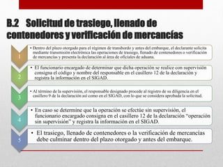 B.2 Solicitud de trasiego, llenado de
contenedores y verificación de mercancías
1
• Dentro del plazo otorgado para el régimen de transbordo y antes del embarque, el declarante solicita
mediante transmisión electrónica las operaciones de trasiego, llenado de contenedores o verificación
de mercancías y presenta la declaración al área de oficiales de aduana.
2
• El funcionario encargado de determinar que dicha operación se realice con supervisión
consigna el código y nombre del responsable en el casillero 12 de la declaración y
registra la información en el SIGAD.
3
• Al término de la supervisión, el responsable designado procede al registro de su diligencia en el
casillero 9 de la declaración así como en el SIGAD, con lo que se considera aprobada la solicitud.
4
• En caso se determine que la operación se efectúe sin supervisión, el
funcionario encargado consigna en el casillero 12 de la declaración “operación
sin supervisión” y registra la información en el SIGAD.
5
• El trasiego, llenado de contenedores o la verificación de mercancías
debe culminar dentro del plazo otorgado y antes del embarque.
 