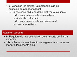 Régimen terrestre
• 9- Requiere de la presentación de una carta confianza
expedida
• 10- La fecha de vencimiento de la garantía no debe ser
menor a los sesenta días
• 7- Vencidos los plazos, la mercancía cae en
situación de abandono legal
• 8- En ese caso el dueño debe realizar lo siguiente:
-Mercancía no declarada encontrada con
posterioridad al levante
-Mercancía no declarada, encontrada en el
reconocimiento físico
 