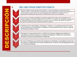 5. DEL RECONOCIMIENTO FISICODESCRIPCIÓN
1
• Oficial de Aduanas cuando constate que los bultos y / o los contenedores se encuentren en mala
condición exterior o haya indicios de violación de los sellos de seguridad, emitirá el informe respectivo a
su Jefe inmediato, quien solicitará al Área de Regímenes No Definitivos la designación de un
Especialista en Aduanas para que efectúe el reconocimiento físico de las mercancías.
2
• En el caso que se efectúen reembarques de vehículos automotores usados, que no cumplan con los
requisitos exigidos en el Decreto Supremo Nº 016- 96-MTC, o no cuenten con Certificado de Inspección,
se verificarán datos como el Nº de chasis, Nº de motor y otros, los mismos que deberán coincidir al
momento de la salida del citado vehículo del territorio nacional.
3
• Tratándose de los días Sábados, Domingos y feriados, y en aquellos puestos de control
que no cuenten con Especialistas en Aduanas, el reconocimiento físico estará a cargo de
un Oficial de Aduanas - ENA.
4
• Efectuado el reconocimiento físico, el Oficial de Aduanas adoptara las medidas de
seguridad que estime necesarias y verificara el embarque o salida de las mercancías
teniendo en cuenta el procedimiento establecido.
5
• De existir incidencias, por tratarse de mercancía no declarada, se procederá al comiso de
las mismas y la aplicación de la multa establecida en el articulo 168 del Reglamento de la
Ley General de Aduanas.
 