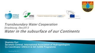 Shammy Puri
Secretary General, International Association of Hydrogeologists
Co Coordinator UNESCO & IAH ISARM Programme
Strasbourg Dec 2013

 