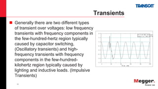 13
Transients
 Generally there are two different types
of transient over voltages: low frequency
transients with frequency components in
the few-hundred-hertz region typically
caused by capacitor switching,
(Oscillatory transients) and high-
frequency transients with frequency
components in the few-hundred-
kilohertz region typically caused by
lighting and inductive loads. (Impulsive
Transients)
 