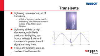 17
Transients
 Lightning is a major cause of
transients.
• A bolt of lightning can be over 5
miles long, reach temperatures in
excess of 20,000 degrees
Celsius.
 Lightning strikes or high
electromagnetic fields
produced by lighting can
induce voltage & current
transients in power lines &
signal carrying lines.
 These are typically seen as
unidirectional transients.
 