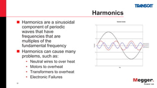 30
Harmonics
 Harmonics are a sinusoidal
component of periodic
waves that have
frequencies that are
multiples of the
fundamental frequency
 Harmonics can cause many
problems, such as:
• Neutral wires to over heat
• Motors to overheat
• Transformers to overheat
• Electronic Failures
 