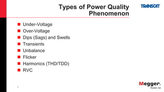 5
Types of Power Quality
Phenomenon
 Under-Voltage
 Over-Voltage
 Dips (Sags) and Swells
 Transients
 Unbalance
 Flicker
 Harmonics (THD/TDD)
 RVC
 