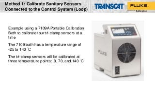 Example using a 7109A Portable Calibration
Bath to calibrate four tri-clamp sensors at a
time
The 7109 bath has a temperature range of
-25 to 140 °C
The tri-clamp sensors will be calibrated at
three temperature points: 0, 70, and 140 °C
Method 1: Calibrate Sanitary Sensors
Connected to the Control System (Loop)
 