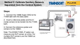 Steps:
1. Connect the 1586A Super-DAQ to the
7109A bath with the data cable
2. Insert a reference probe and the tri-
clamp sensors to be tested into the 7109A
bath.
3. Connect the reference probe and
sensors to the 1586A.
Note: The 6109A/7109A –P option can
measure one DUT sensor at a time. For
multiple DUT sensors use the 1586A as
described here
Reference
Probe
Tri-clamp
sensor with
transmitter
1586A Super-DAQ Precision
Temperature Scanner
7109A Portable
Calibration Bath
Method 2: Calibrate Sanitary Sensors
Separated from the Control System
 