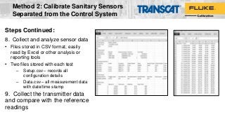 Steps Continued:
8. Collect and analyze sensor data
• Files stored in CSV format, easily
read by Excel or other analysis or
reporting tools
• Two files stored with each test
– Setup.csv – records all
configuration details
– Data.csv – all measurement data
with date/time stamp
9. Collect the transmitter data
and compare with the reference
readings
Method 2: Calibrate Sanitary Sensors
Separated from the Control System
 