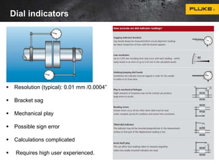 Dial indicators 
 Resolution (typical): 0.01 mm /0.0004” 
 Bracket sag 
 Mechanical play 
 Possible sign error 
 Calculations complicated 
 Requires high user experienced. 
 