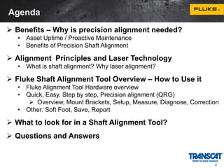 2 
Agenda 
 Benefits – Why is precision alignment needed? 
• Asset Uptime / Proactive Maintenance 
• Benefits of Precision Shaft Alignment 
 Alignment Principles and Laser Technology 
• What is shaft alignment? Why laser alignment? 
 Fluke Shaft Alignment Tool Overview – How to Use it 
• Fluke Alignment Tool Hardware overview 
• Quick, Easy, Step by step, Precision alignment (QRG) 
 Overview, Mount Brackets, Setup, Measure, Diagnose, Correction 
• Other: Soft Foot, Save, Report 
 What to look for in a Shaft Alignment Tool? 
 Questions and Answers 
 