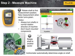 Step 2 - Measure Machine 
3 Rotate shaft to first 
measurement position. 
Take measurement when 
sector turns green. 
Notes: 
• Always turn shafts in 
normal rotation 
direction of machine 
• Don’t touch mounted 
components 
4 
Rotate 
shaft to 
another 
sector 
Inclinometer automatically determines angle on shaft 
 