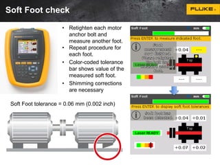 Soft Foot check 
• Retighten each motor 
anchor bolt and 
measure another foot. 
• Repeat procedure for 
each foot. 
• Color-coded tolerance 
bar shows value of the 
measured soft foot. 
• Shimming corrections 
are necessary 
Soft Foot tolerance = 0.06 mm (0.002 inch) 
 