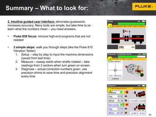 1 
2 
3 
2. Intuitive guided user interface: eliminates guesswork, 
increases accuracy. Many tools are simple, but take time to re-learn 
what the numbers mean – you need answers. 
• Fluke 830 focus: remove high-end programs that are not 
needed 
• 3 simple steps: walk you through steps (like the Fluke 810 
Vibration Tester) 
1. Setup – step by step to input the machine dimensions 
(saved from last time) 
2. Measure – sweep starts when shafts rotated – take 
readings from 3 sectors when turn green on screen. 
3. Diagnose – actual correction numbers given: use 
precision shims to save time and precision alignment 
every time 
48 
Summary – What to look for: 
 