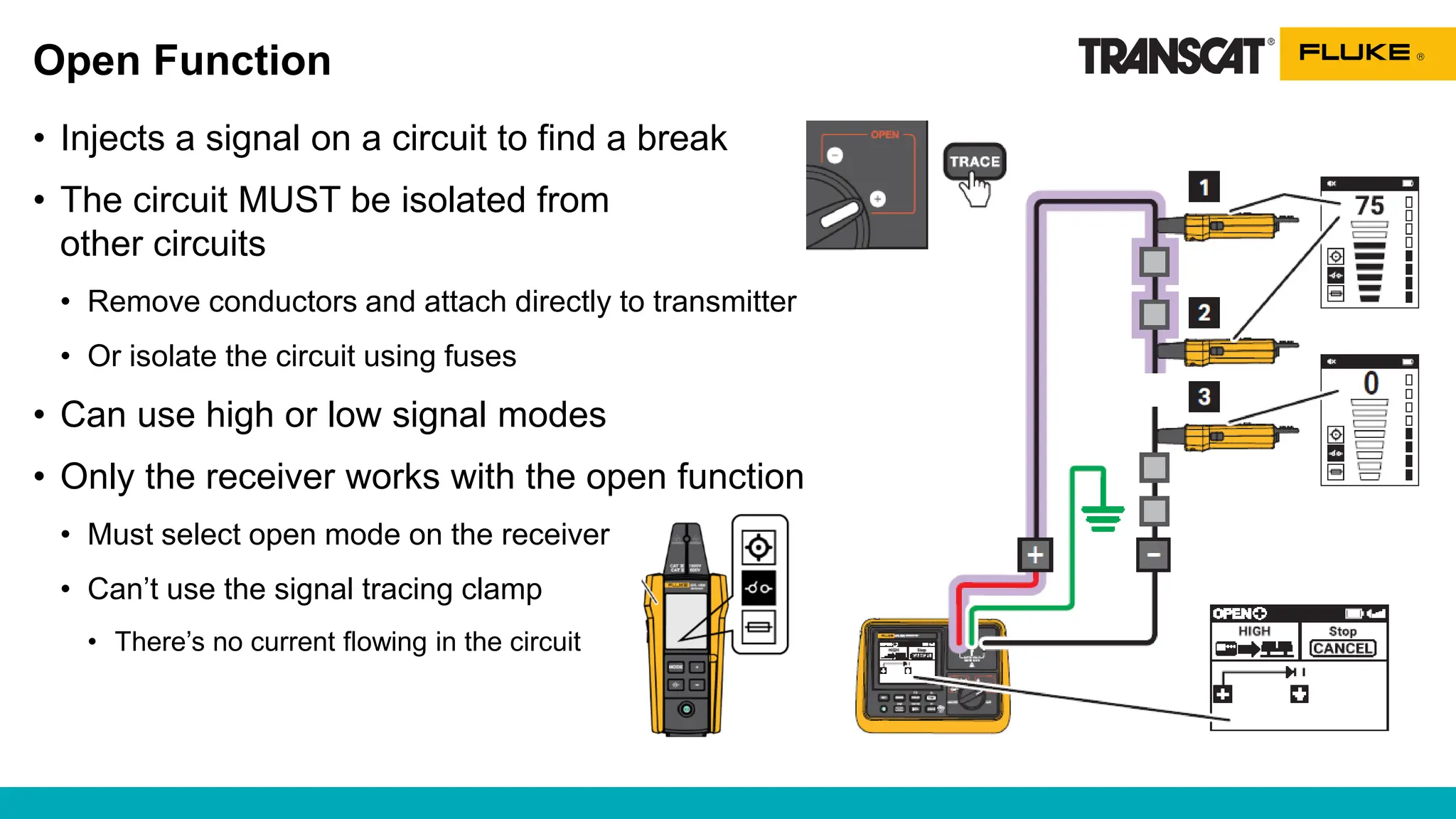 Open Function
• Injects a signal on a circuit to find a break
• The circuit MUST be isolated from
other circuits
• Remove conductors and attach directly to transmitter
• Or isolate the circuit using fuses
• Can use high or low signal modes
• Only the receiver works with the open function
• Must select open mode on the receiver
• Can’t use the signal tracing clamp
• There’s no current flowing in the circuit
 