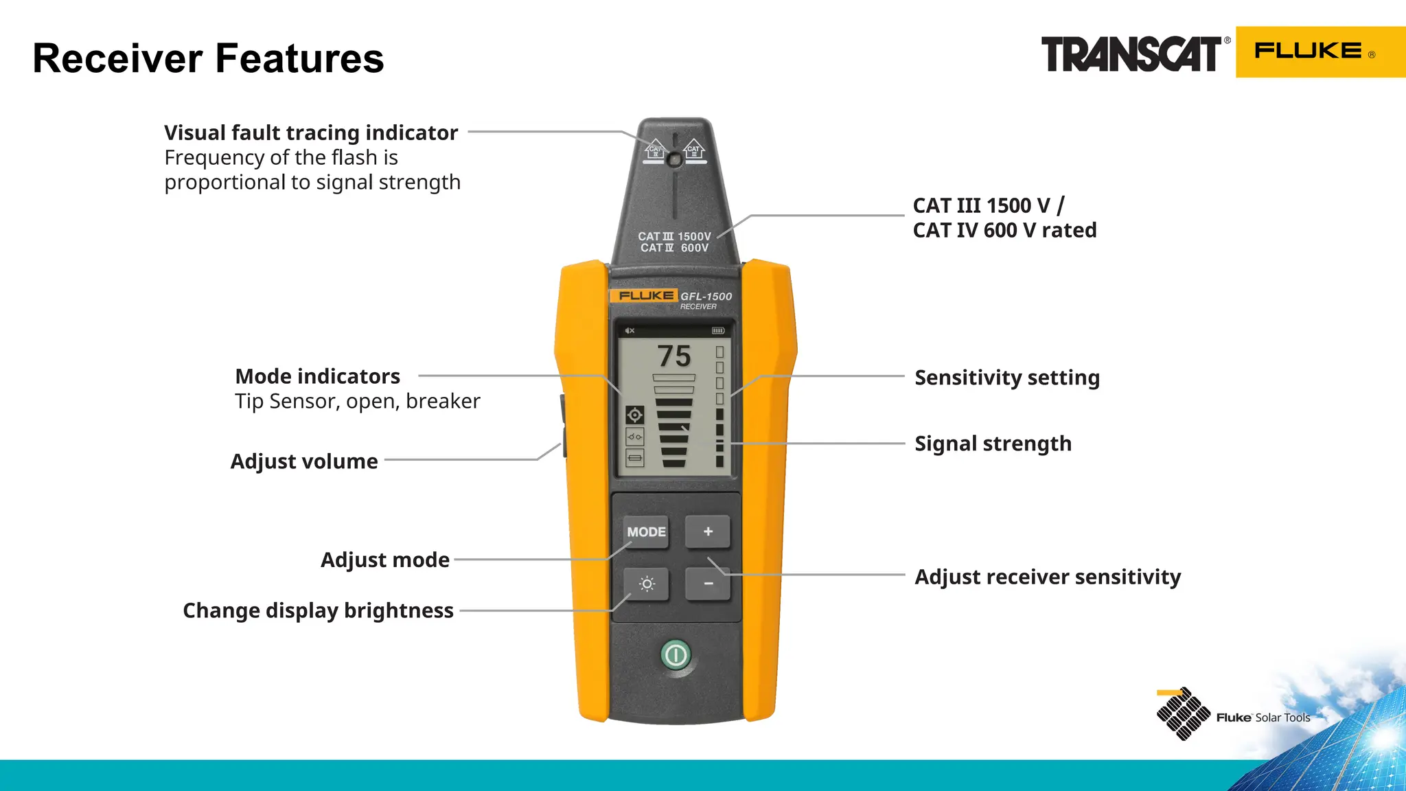 Receiver Features
CAT III 1500 V /
CAT IV 600 V rated
Sensitivity setting
Signal strength
Visual fault tracing indicator
Frequency of the flash is
proportional to signal strength
Adjust receiver sensitivity
Change display brightness
Adjust mode
Adjust volume
Mode indicators
Tip Sensor, open, breaker
 