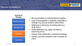 I N P A R T N E R S H I P
W I T H
Sources of unbalance
• Dirt accumulation or missing balance weights
• Lack of homogeneity in materials, especially in
castings (e.g. porous sections, blow-holes)
• Difference in dimension of mating parts (e.g.
shaft, bore…)
• Roller deflection (e.g. paper mill rolls) or
machining errors
• Uneven mass distribution in electrical windings
• Uneven corrosion, eccentric rotor or erosion of
rotors
9/7/2023 60
Bearing Failure
Misalignment
Unbalance
Looseness
Sources of
Vibration
 