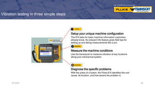 I N P A R T N E R S H I P
W I T H
Vibration testing in three simple steps
9/7/2023 68
Setup your unique machine configuration
The 810 asks for basic machine information customers
already know. Its onboard Info feature gives field tips for
setting up and taking measurements like a pro
Measure the machine conditions
Use the transducer to measure vibration at key locations
along your mechanical system.
Diagnose the specific problems
With the press of a button, the Fluke 810 identifies the root
cause, its location, and how severe the problem is
 
