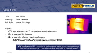 I N P A R T N E R S H I P
W I T H
Case Study
Date: Nov 2009
Industry: Pulp & Paper
Fail Point: Motor Windings
Impact:
• $26K lost revenue from 6 hours of unplanned downtime
• $3K from expedite charges
• $4K from materials and overtime charges
Total financial cost of this single event exceeded $33K.
9/7/2023 8
9/7/2023 8
Did you know…A 10% reduction in maintenance costs at one manufacturing
plant had the same impact on the bottom line as a 40% increase in sales!
 